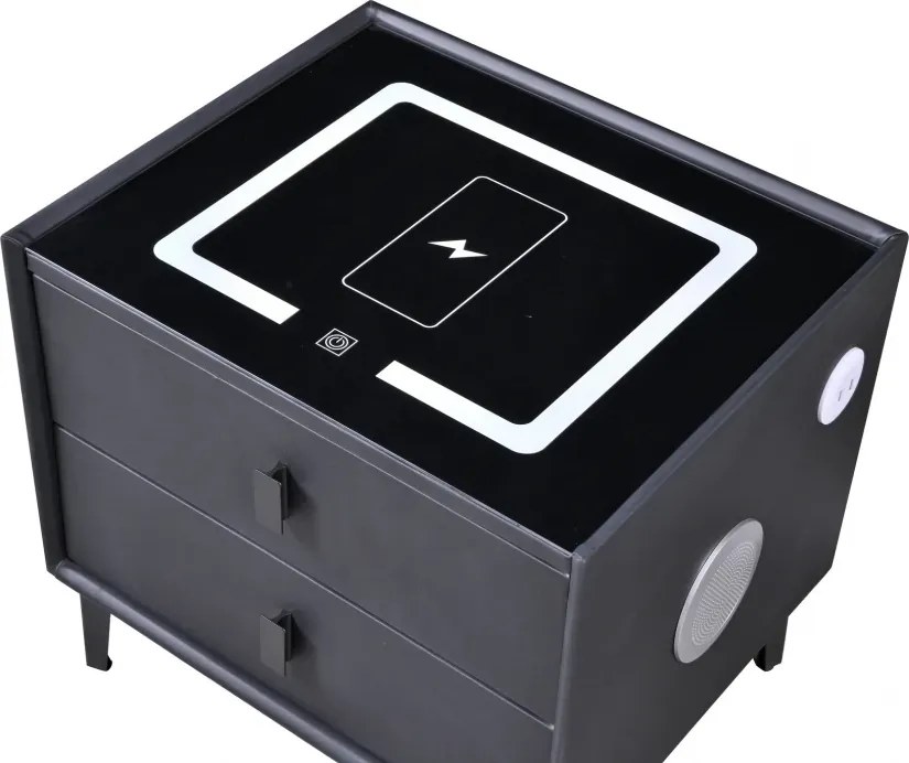 RESIGILAT- Noptiera SMART Multifunctionala, iluminare LED tactil cu 3 culori, incarcare wireless si USB, difuzor Bluetooth, 2 sertare, Negru