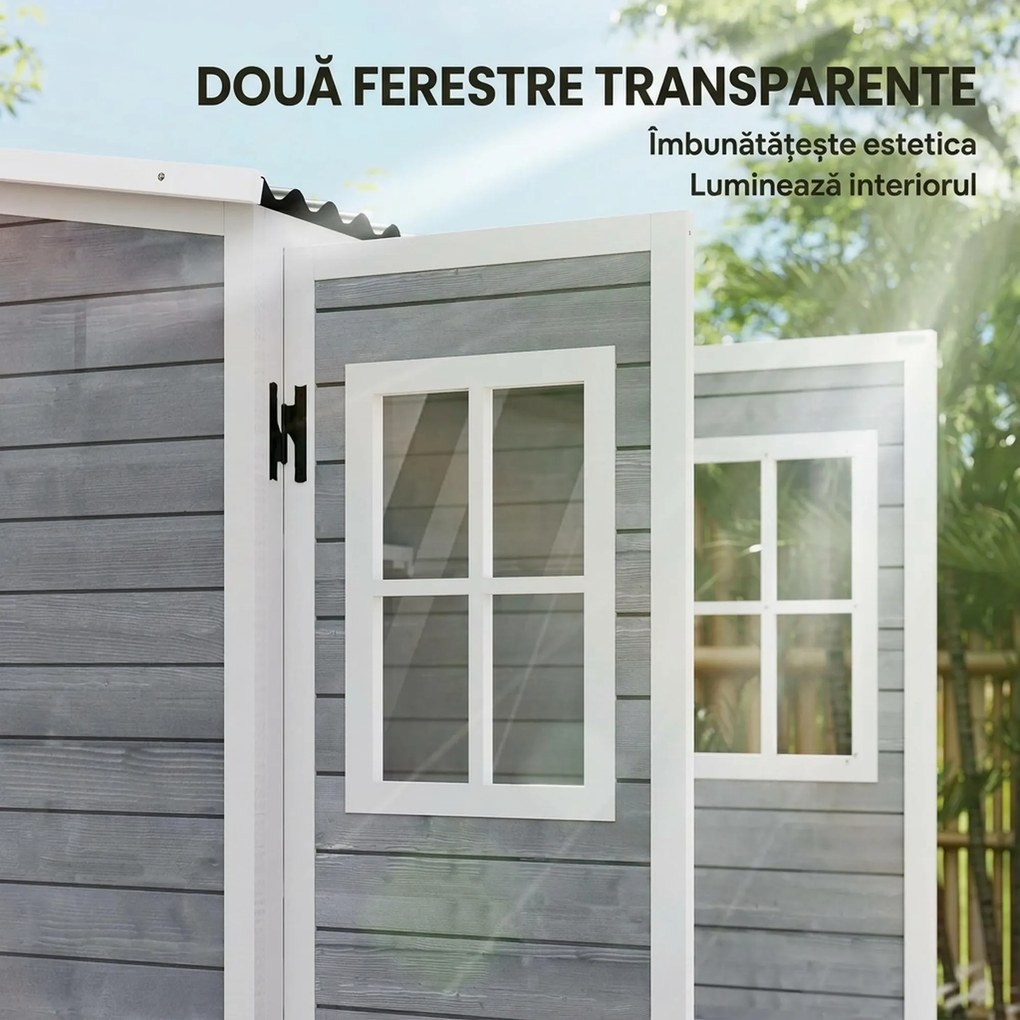 Outsunny Magazie pentru Unelte de Grădină din Lemn de Brad cu 2 Ferestre și Rafturi Reglabile, 91x69x192cm, Gri Deschis | Aosom Romania