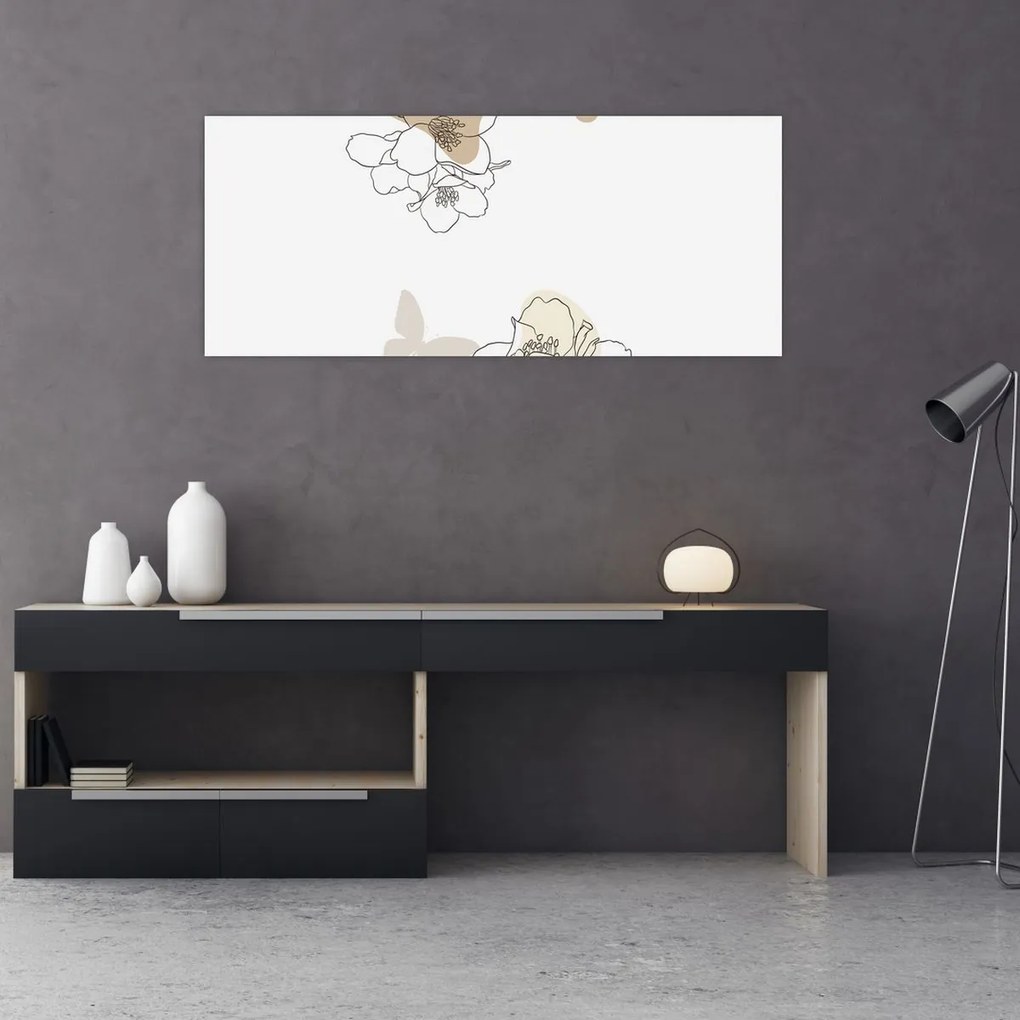 Tablou - Flori bej cu fluture N⁰2 (120x50 cm)