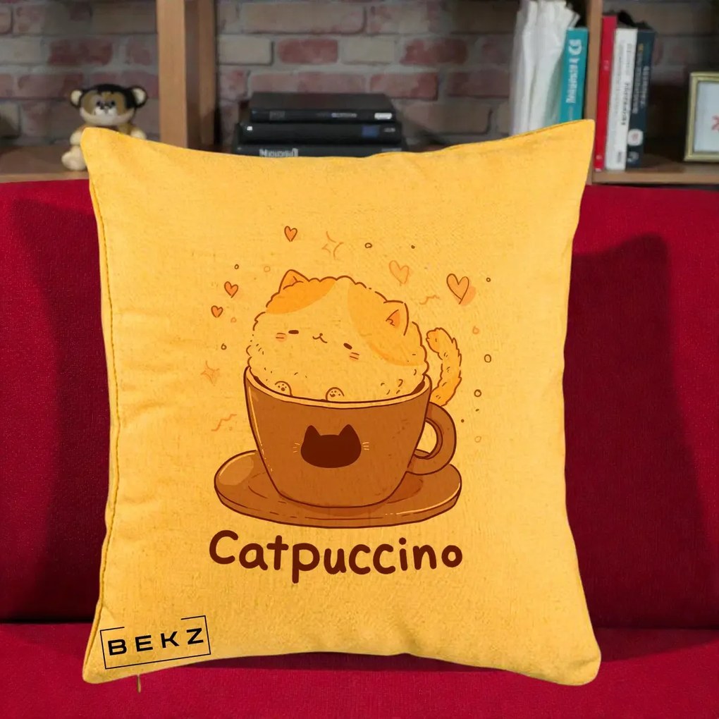 Perna Decorativa Catpuccino Pisica Cappuccino, 40x40 cm, Galben, Husa Detasabila, Perna Inclusa, BEKZ®
