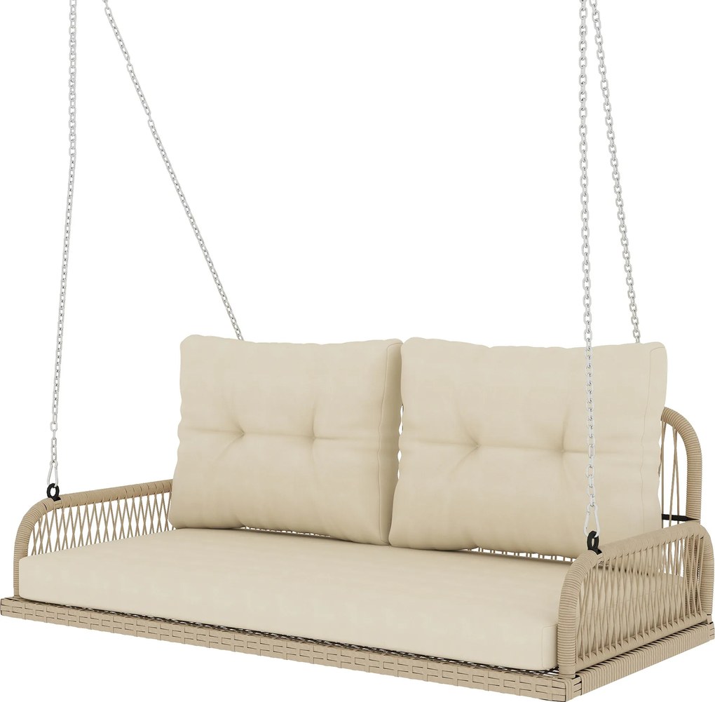 Outsunny Balansoar Hollywood 2 locuri din ratan, leagăn de grădină cu perne și lanțuri, până la 240 kg 115 x 66 x 44 cm Bej | Aosom Romania