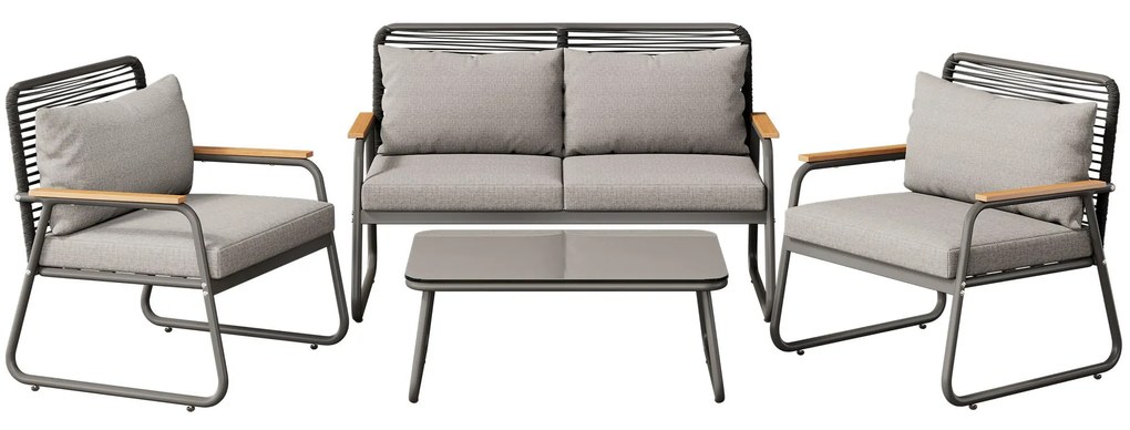 Set de lounge pentru grădină pentru 4 persoane, cu canapea dublă, 2 canapele individuale și 1 măsuță de cafea, Gri