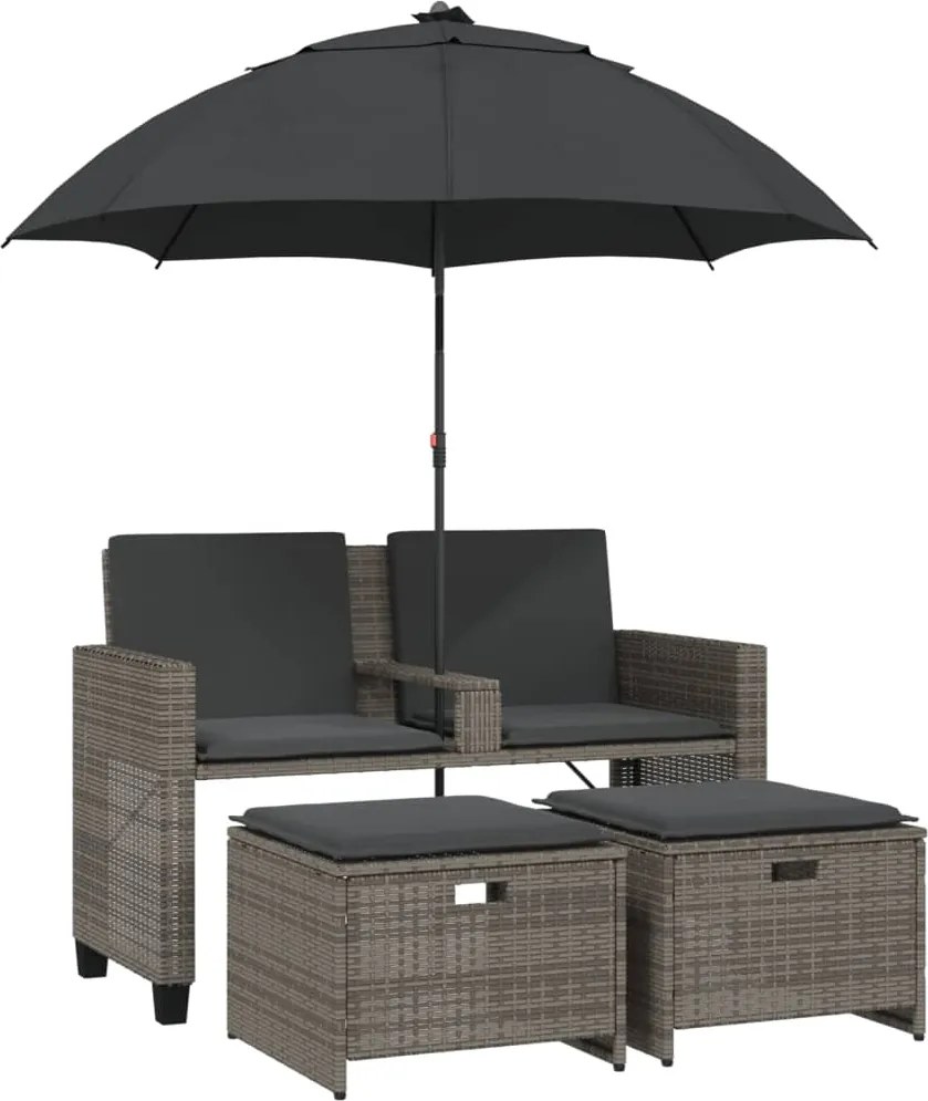 vidaXL Canapea de grădină cu 2 locuri/umbrelă/taburete, gri, poliratan