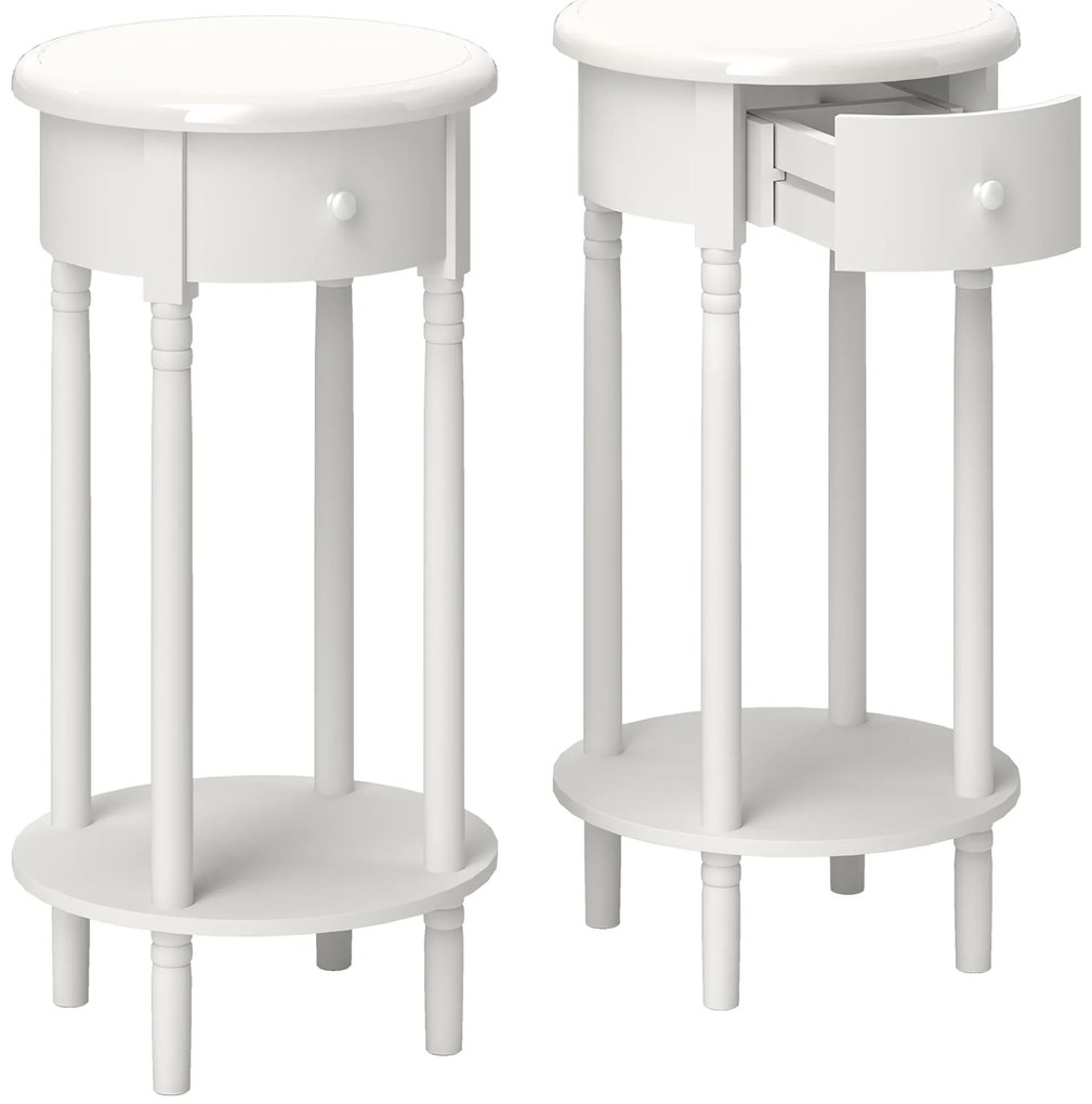 HOMCOM Set 2 Noptiere cu Sertar și Raft, Măsuțe de Cafea din Lemn în Stil Contemporan, Ø35,5x71 cm, Alb | Aosom Romania