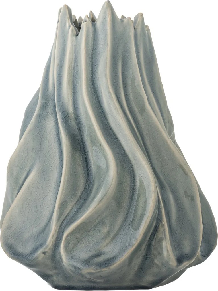 Vază din ceramică, albastru, formă sculpturală cu falduri verticale și margine neregulată, glazură reactivă, 18 x 17 cm, „Dilara”