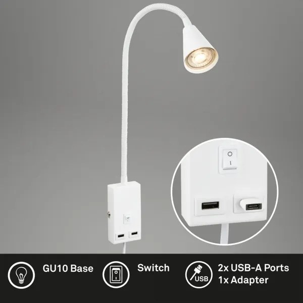 Briloner 2175-016 - Aplică de perete flexibilă cu port USB 1xGU10/10W/230V albă