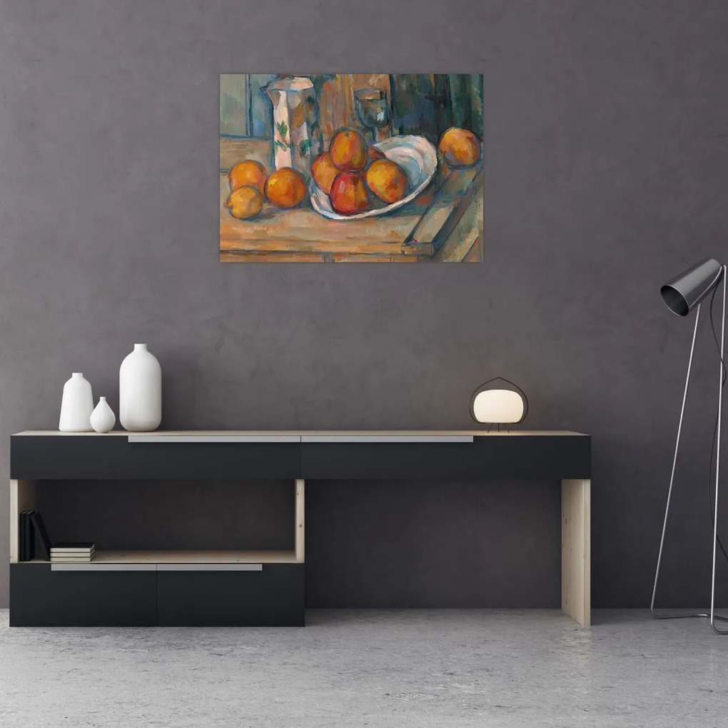 Tablou pe sticlă - Paul Cézanne, Still Life with Milk Jug and Fruit, reproducere (70x50 cm)