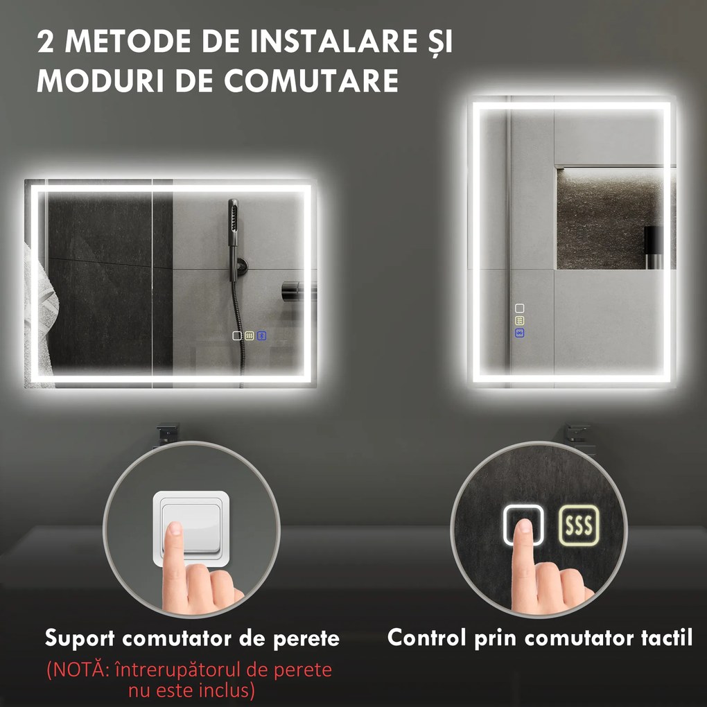 HOMCOM Oglindă Baie Antiaburire cu Lumină LED și Difuzor Bluetooth 50x70 cm | Aosom Romania