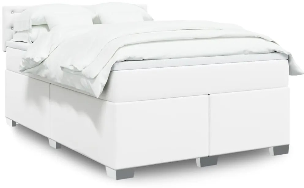 vidaXL Pat box spring cu saltea, alb, 140x190 cm, piele ecologică