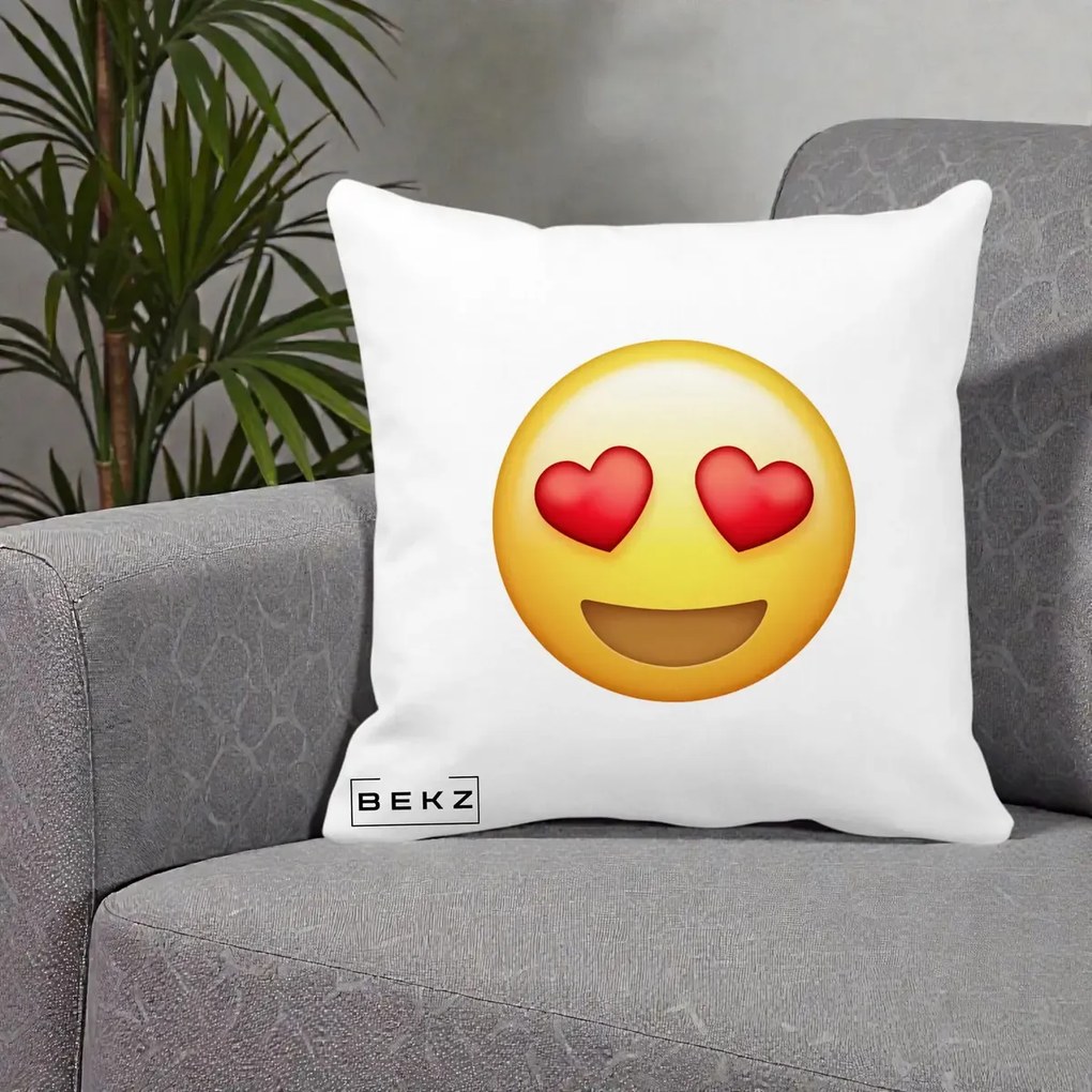 Perna Decorativa Emoji Inimi in Ochi, 40x40 cm, Alba Mata, Husa Detasabila, Perna Inclusa, BEKZ®