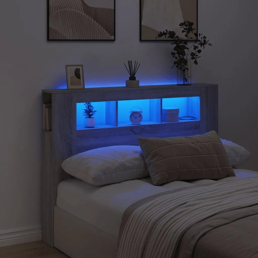 vidaXL Tăblie de pat cu LED, gri sonoma, 140x18,5x103,5 cm, lemn