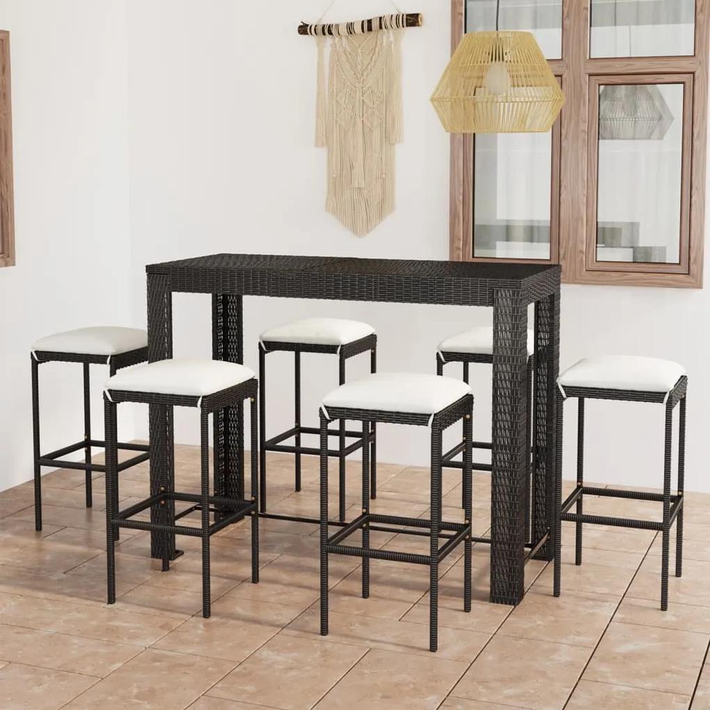 Set mobilier bar de gradina cu perne, 7 piese, negru, poliratan Negru, Lungime masa 140.5 cm, 7, Da
