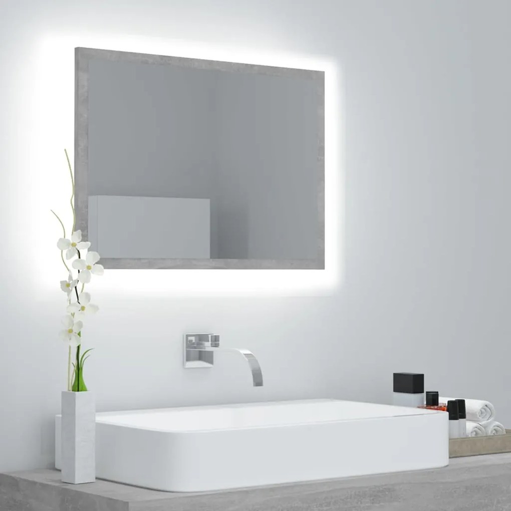 804920 vidaXL Oglindă de baie cu LED, gri beton, 60x8,5x37 cm, acril