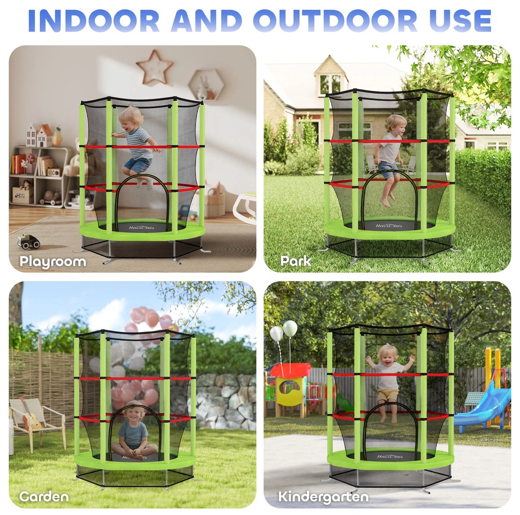 HOMCOM Saltea Elastică pentru Copii 3-6 Ani cu Plasă de Protecție, 6 Stâlpi și 3 Intrări, Ø140x190 cm, Verde | Aosom Romania