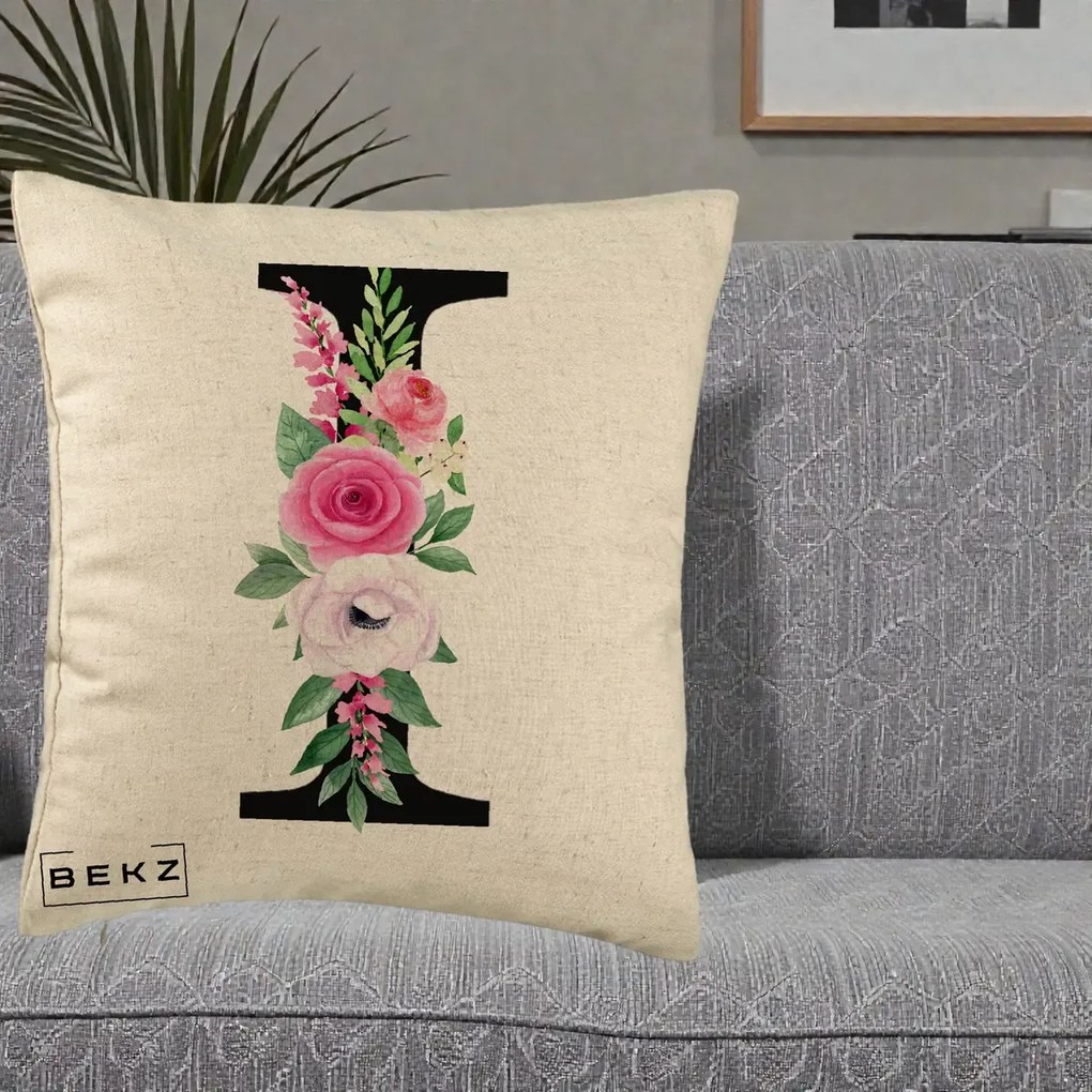 Cadou Personalizat - Perna Personalizata Monograma Florala Litera I, 40x40 cm, Bej, Husa Detasabila, Perna Inclusa, BEKZ®