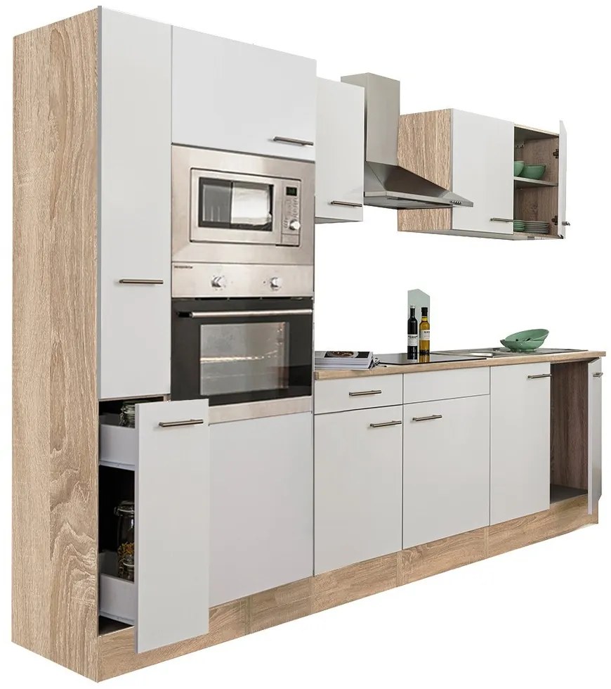 Mobilă de bucătărie Yorki 300, corp din stejar Sonoma, cu față alb satinat