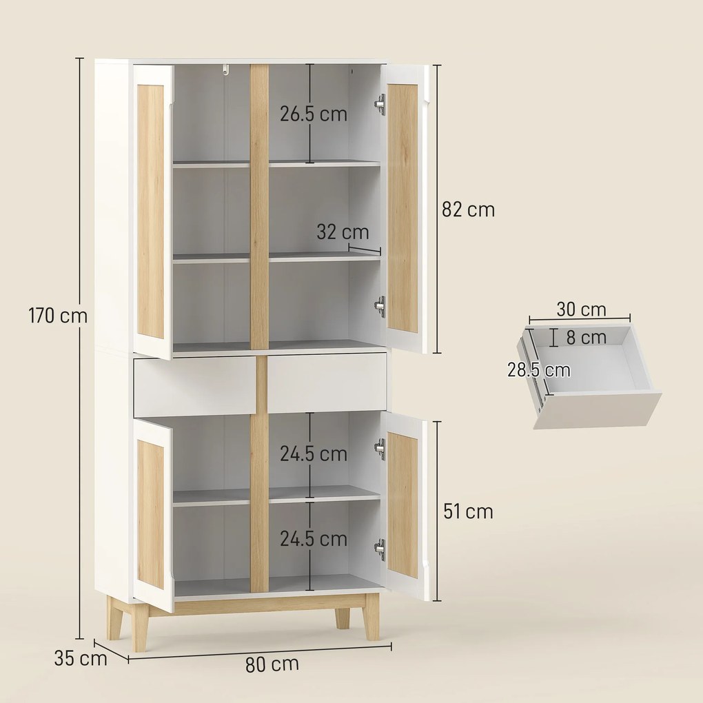HOMCOM Bufet înalt de bucătărie, dulap de bucătărie cu 4 uși, 2 sertare și rafturi reglabile, 80x35x170cm, alb și stejar | Aosom Romania