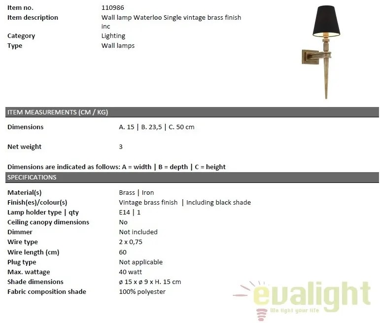 Aplica LUX din alama finisaj vintage, Waterloo Single 110986 HZ