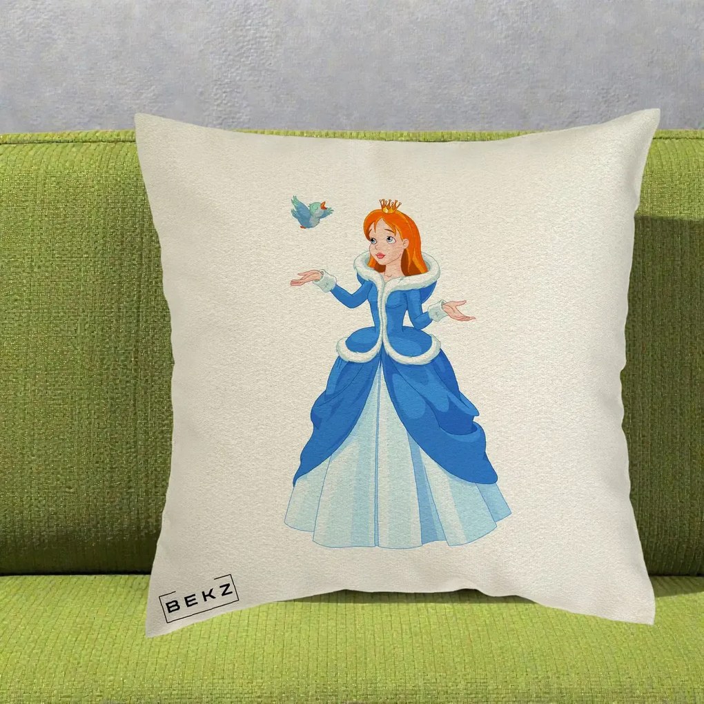 Perna Personalizata Printesa Albastra cu Pasare, 40x40 cm, Ecru, Husa Detasabila, Perna Inclusa, BEKZ®