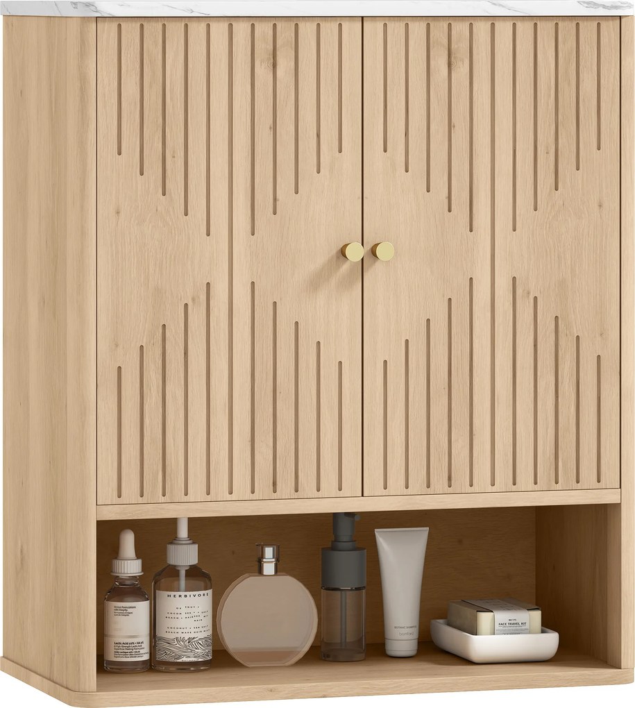 HOMCOM Dulap de Baie de Perete cu Raft Deschis și Uși Decorate Stejar | Aosom Romania