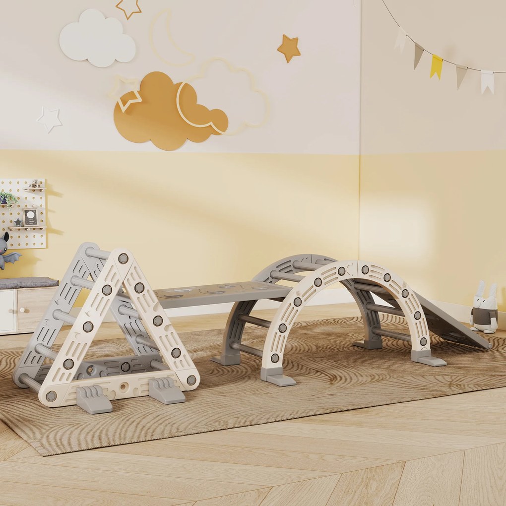 AIYAPLAY 8-în-1 Triunghi de cățărat pentru copii, arc de cățărat, rampă dublă pentru urcat &amp; alunecat, 279 x 80 x 69 cm, gri | Aosom Romania