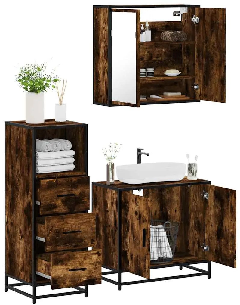 vidaXL Set mobilier de baie, 3 piese, stejar fumuriu, lemn prelucrat