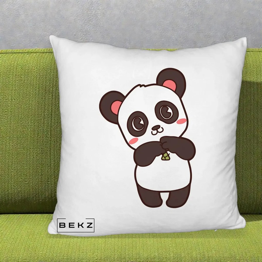 Perna Personalizata Panda Kawaii cu Bambus, 40x40 cm, Alb Pufos, Husa Detasabila, Perna Inclusa, BEKZ®