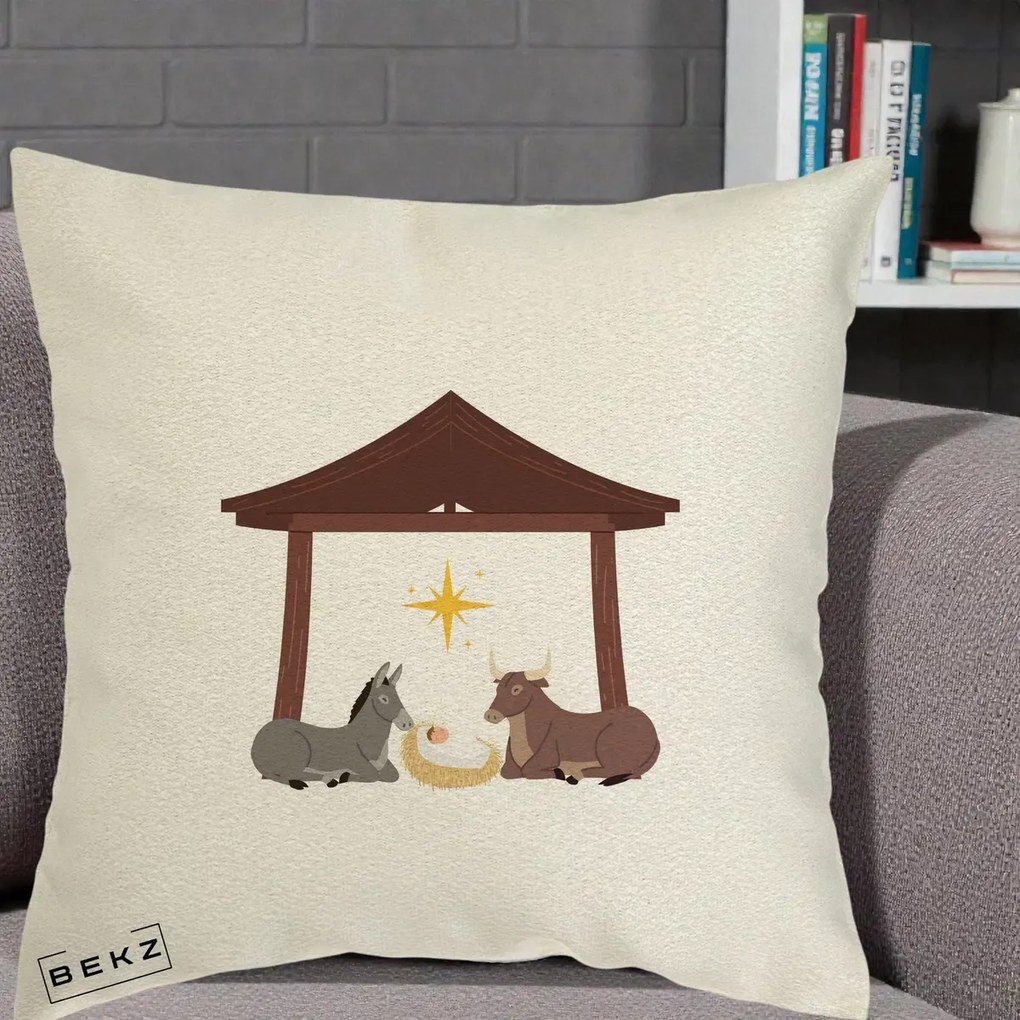Perna Decorativa Ieslea din Betleem cu Iesle Asin si Bou, 40x40 cm, Ecru, Husa Detasabila, Perna Inclusa, BEKZ®