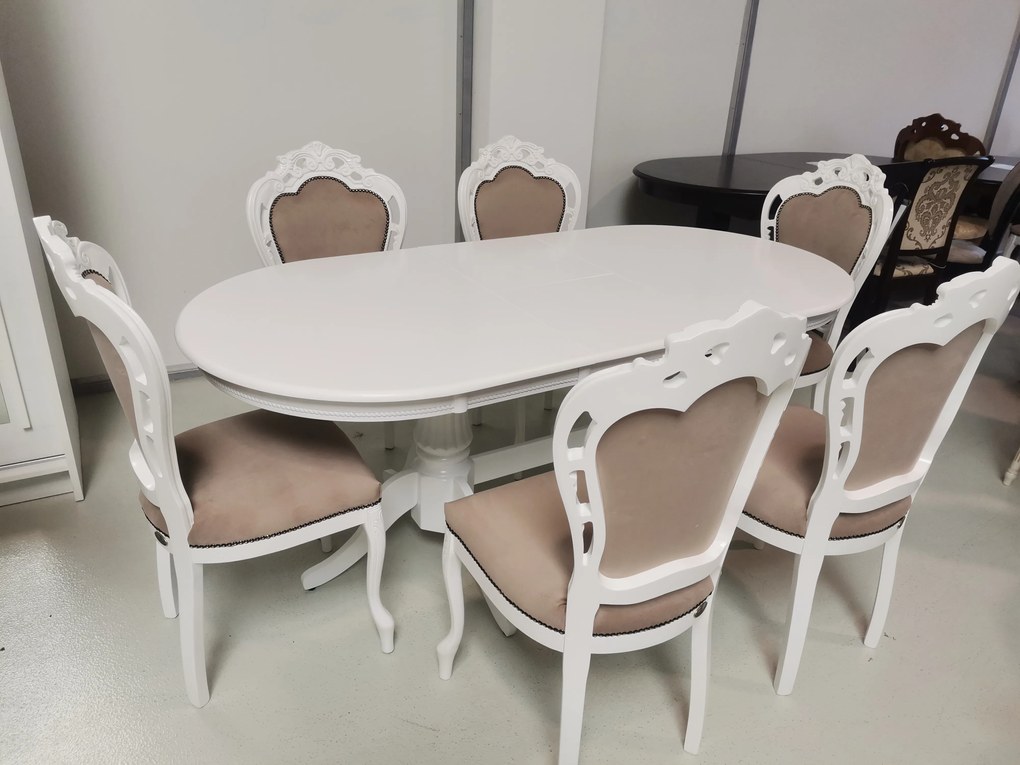 Set lux masa alba extensibila 150/190/90/77 h + 6 scaune tapitate bej PERSONALIZABIL PE CULORI