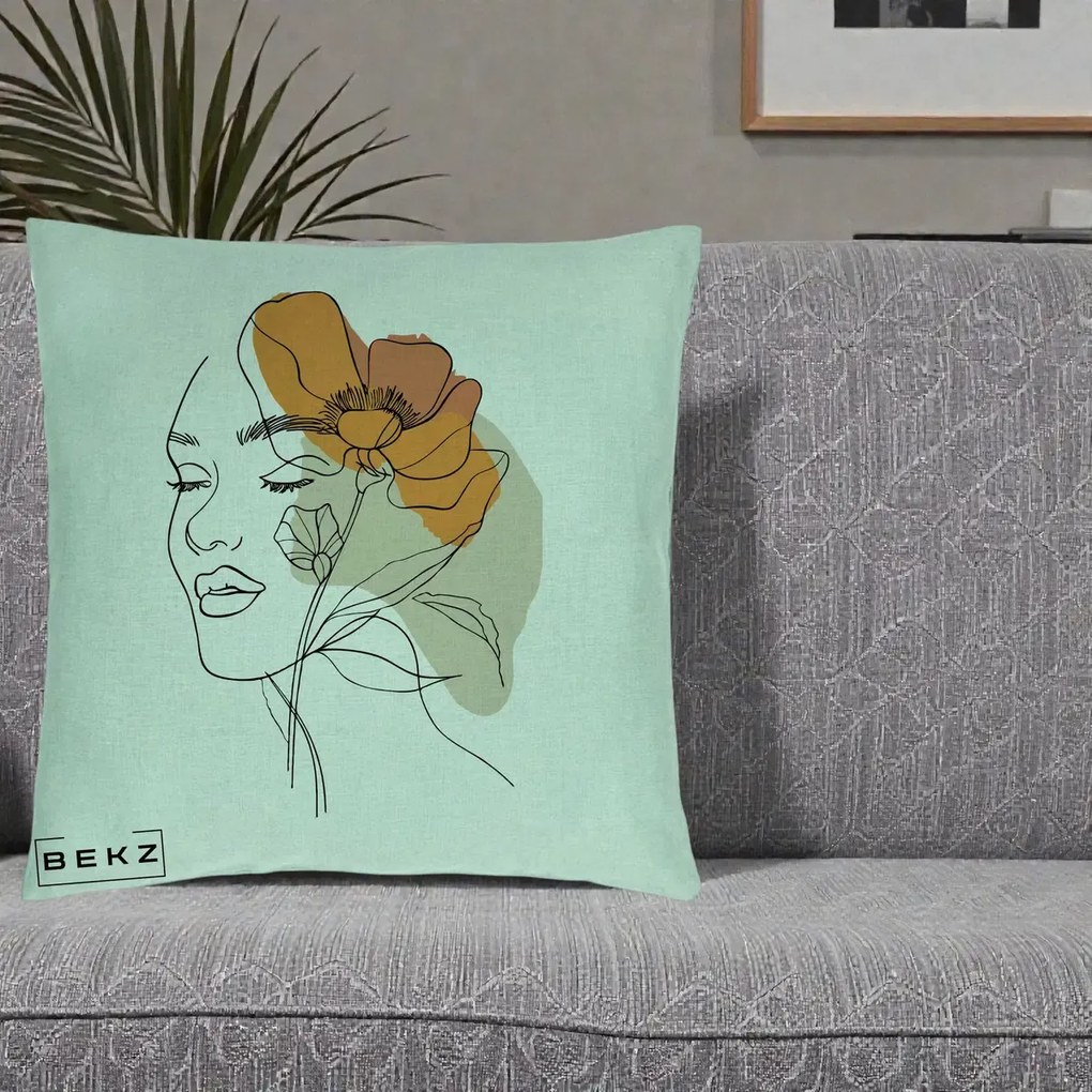 Perna Decorativa Portret Feminin Mac Mare Portocaliu, 40x40 cm, Verde Menta, Husa Detasabila, Perna Inclusa, BEKZ®