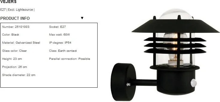 Aplica de perete exterior cu senzor, IP54 Vejers Up negru 25101003NL