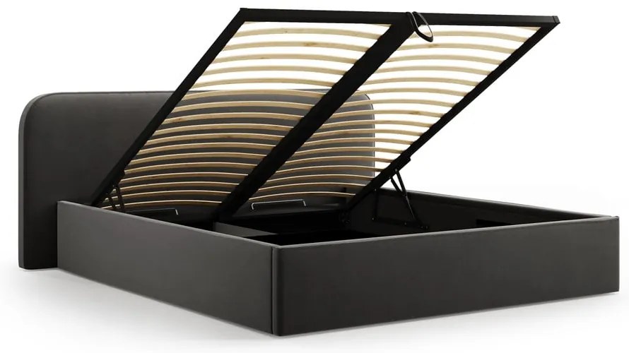 Pat matrimonial negru tapițat cu spațiu de depozitare cu somieră 200x200 cm Elizabeth – Micadoni