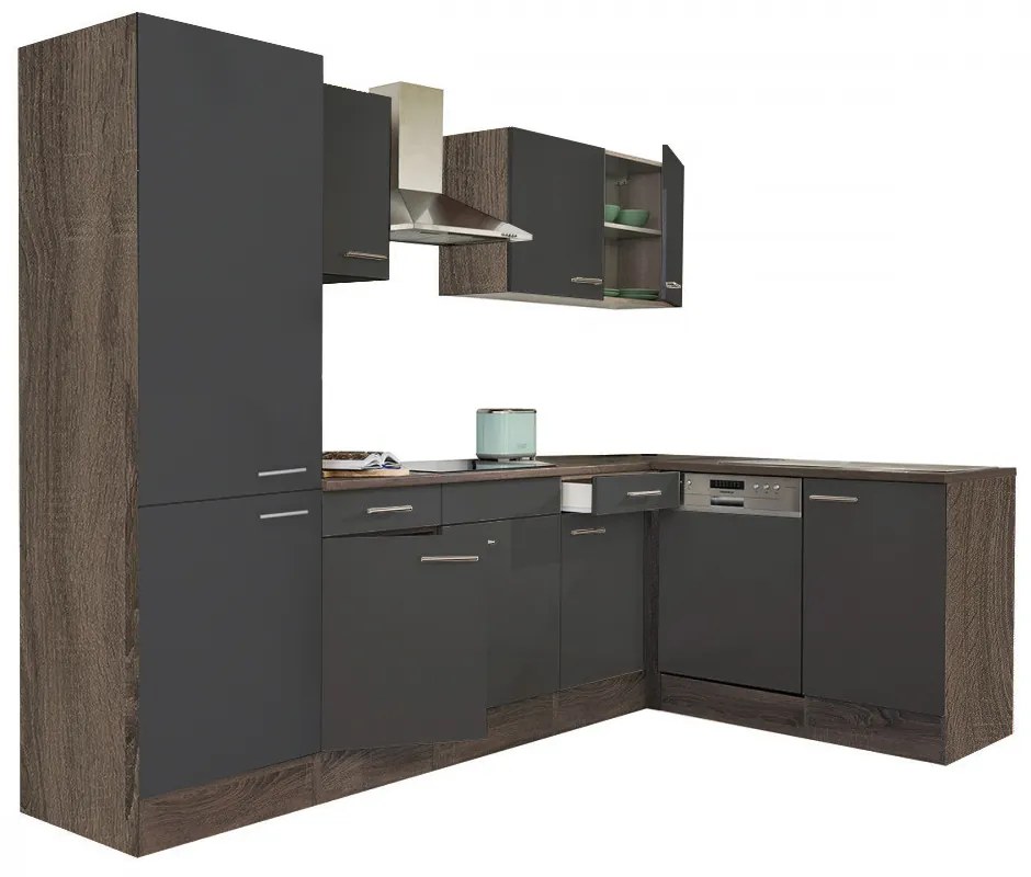 Mobilă de bucătărie de colț Yorki 280, corp stejar Yorki, față antracit satinat, cu dulap cu raft