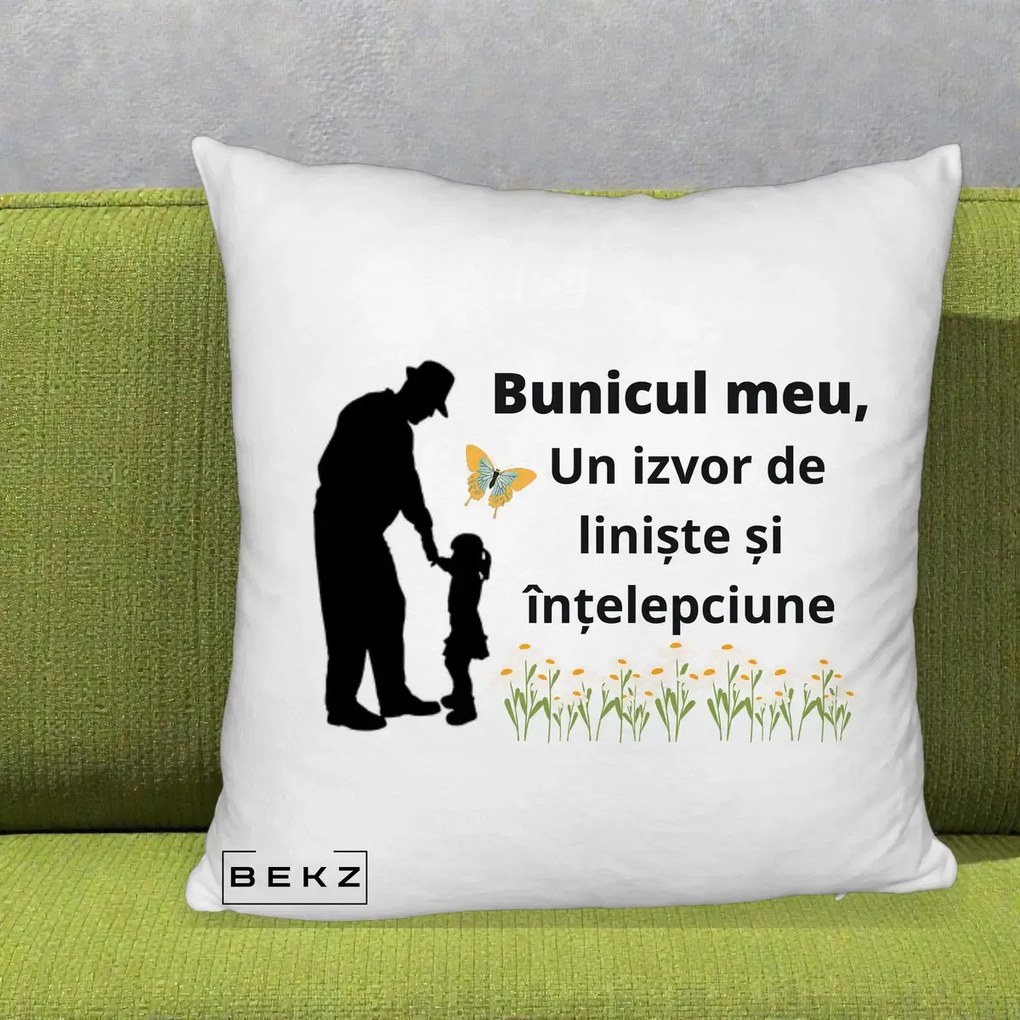 Cadou pentru Bunic - Perna Personalizata Bunicul Meu Izvor de Liniste cu Fluture si Fetita, 40x40 cm, Alb Pufos, Husa Detasabila, Perna Inclusa, BEKZ®