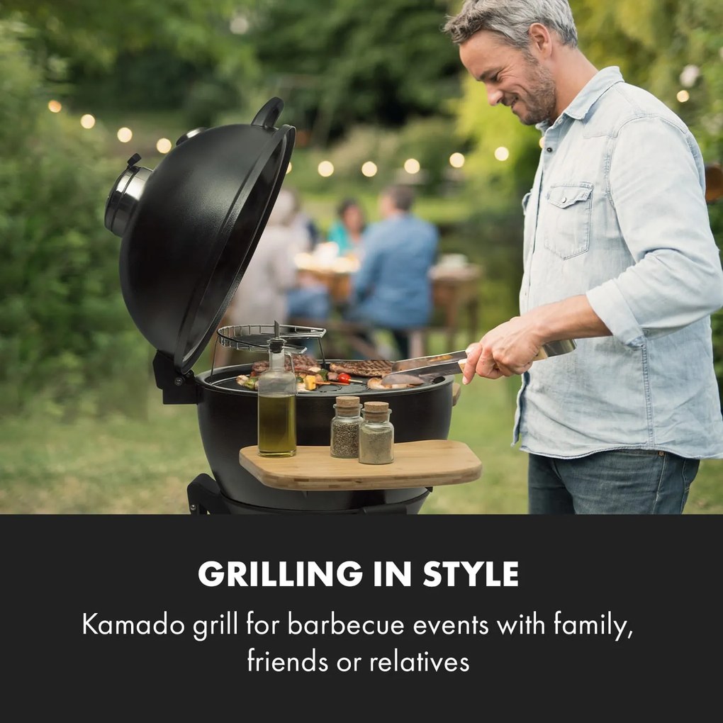 Duomo, grill kamado, termometru, mese laterale, portabil, din oțel inoxidabil, ceramică, Ø 49 cm, grătar din fontă
