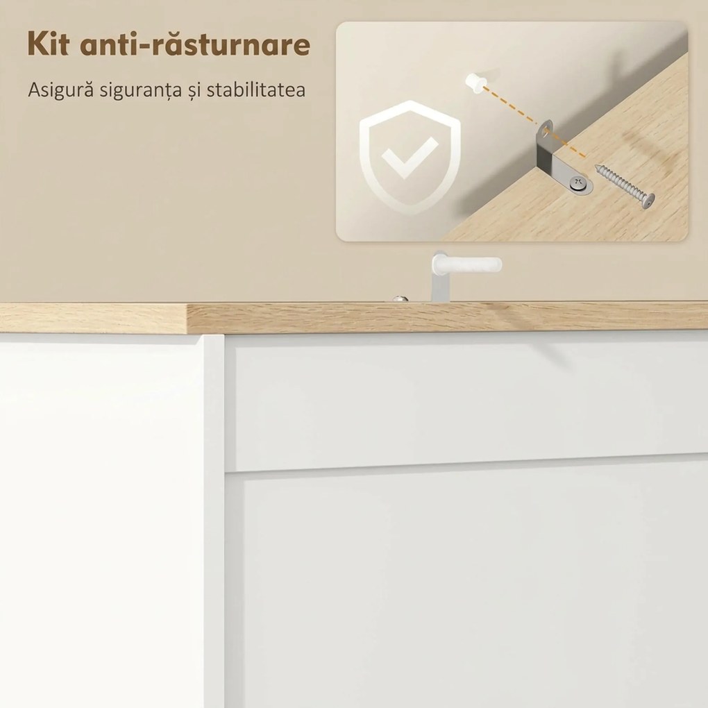 HOMCOM Bufet de Bucătărie Înalt 162 cm, Mobilier de Depozitare cu 2 Dulapuri, 2 Sertare, Suport Condimente, Orificii pentru Cabluri, Rafturi Reglabile, Blat pentru Cuptor cu Microunde, Suporturi pentru Cești, Alb | Aosom Romania