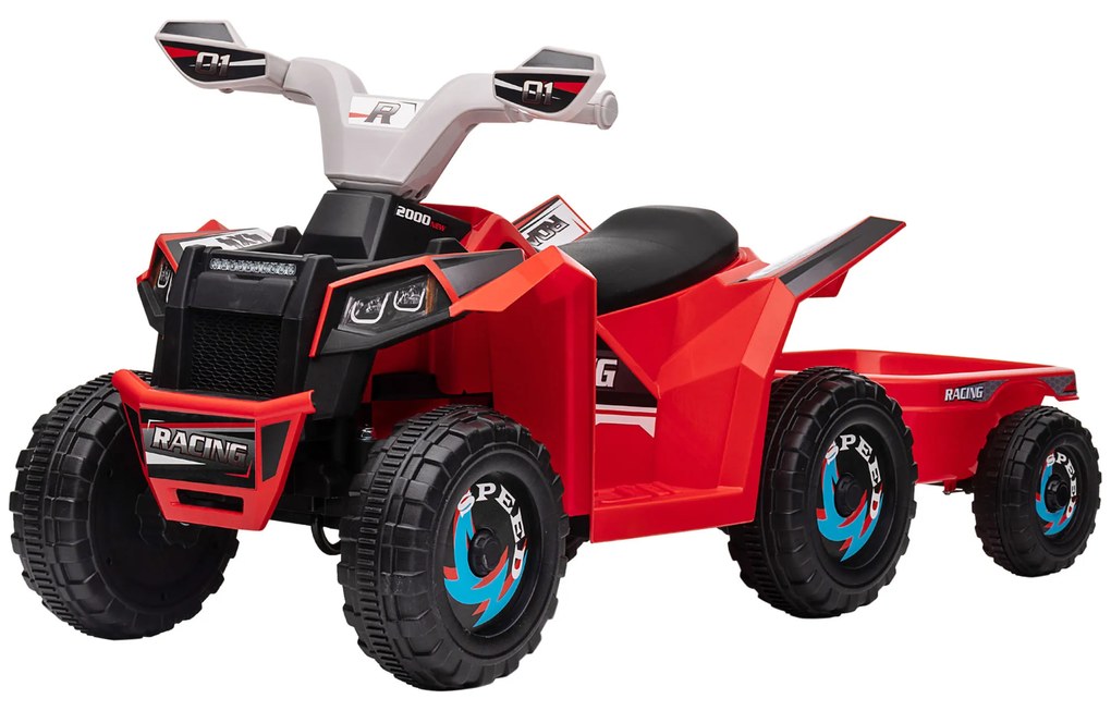 HOMCOM Quad Electric pentru Copii cu Remorcă, 2,5 km/h, 50 de minute de condus, pentru 1,5 până la 3 ani, până la 25 kg, Roșu | Aosom Romania