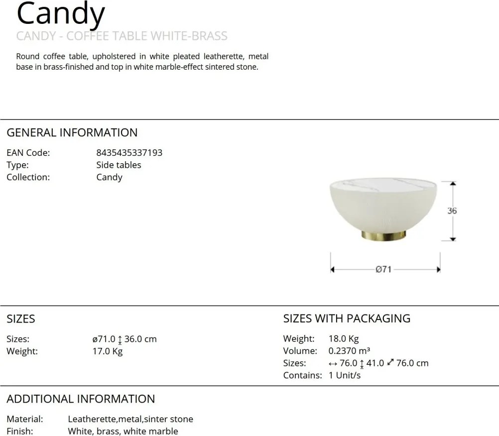 Masuta de cafea design modern Candy alb/alama 71cm