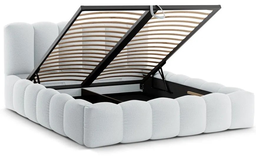 Pat matrimonial gri deschis tapițat cu spațiu de depozitare cu somieră 200x200 cm Lupine – Micadoni
