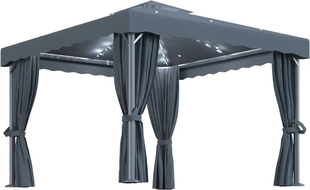 vidaXL Pavilion cu perdele & șiruri lumini LED, antracit, 3x3 m