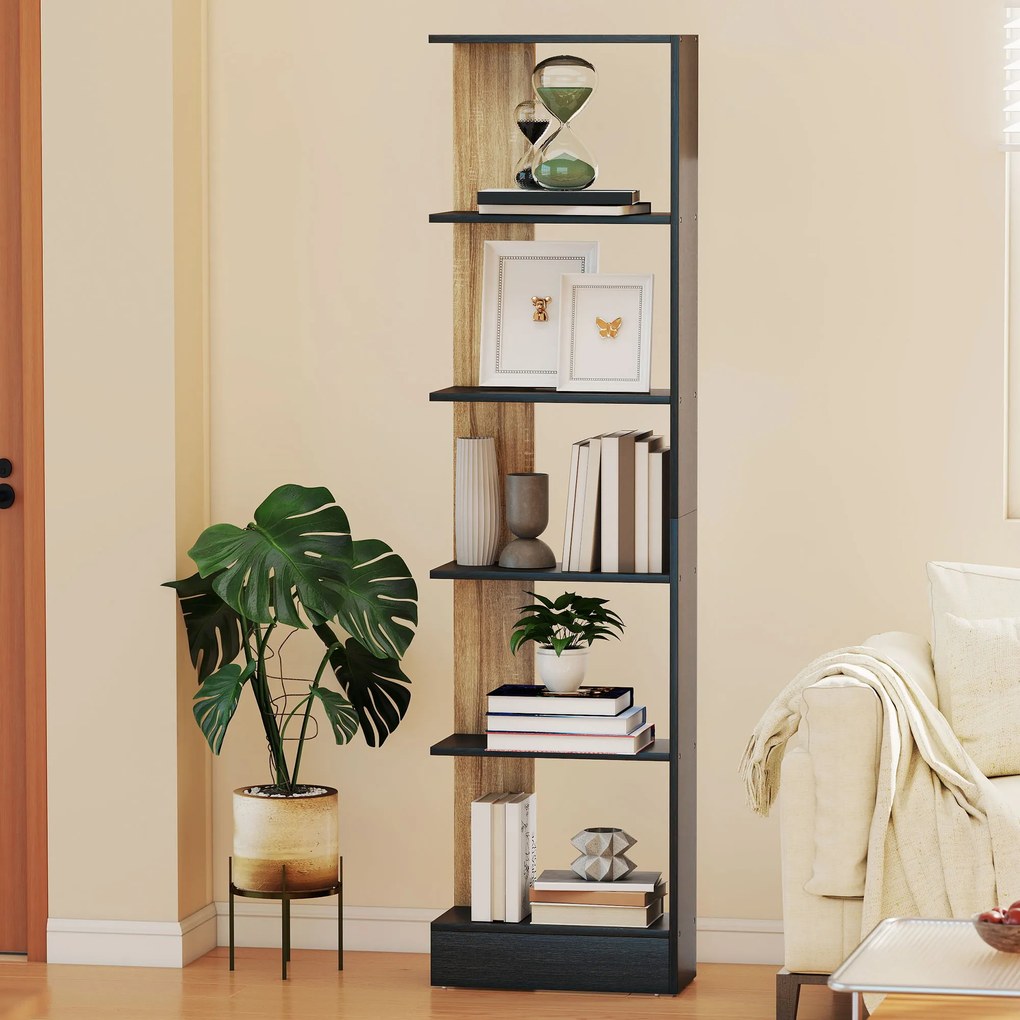 HOMCOM Raft-bibliotecă de depozitare cu 5 compartimente deschise 45 x 21 x 170 cm Negru și Stejar | Aosom Romania