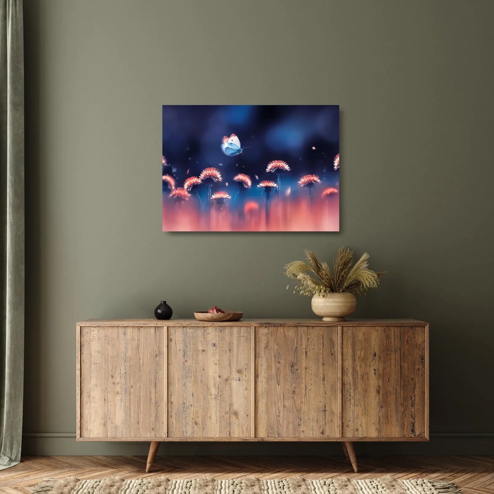 Tablou pe sticlă cu păpădii cu fluture albastru (70x50 cm)