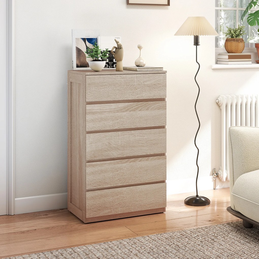 HOMCOM Comodă pentru Depozitare cu 5 Sertare, Comodă Înaltă, Comodă cu Ghidaje Metalice și Mânere Scanalate, Alb | Aosom Romania