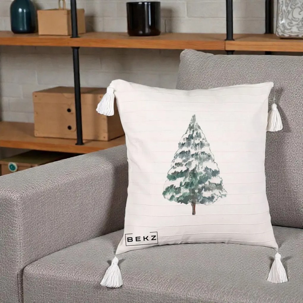 Perna Decorativa cu Franjuri cu tematica de Craciun, Brad 2, 40x40 cm, Bej cu Franjuri, Husa Detasabila, Perna Inclusa, BEKZ®