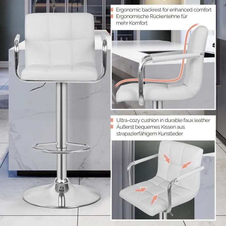 MIADOMODO Scaun de bar 2 buc, cu brațe, alb