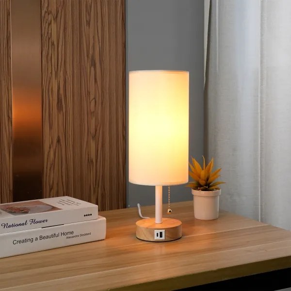 Brilagi - Lampă de masă TABLON cu port USB, 1xE27/25W/230V, stejar/alb/crem