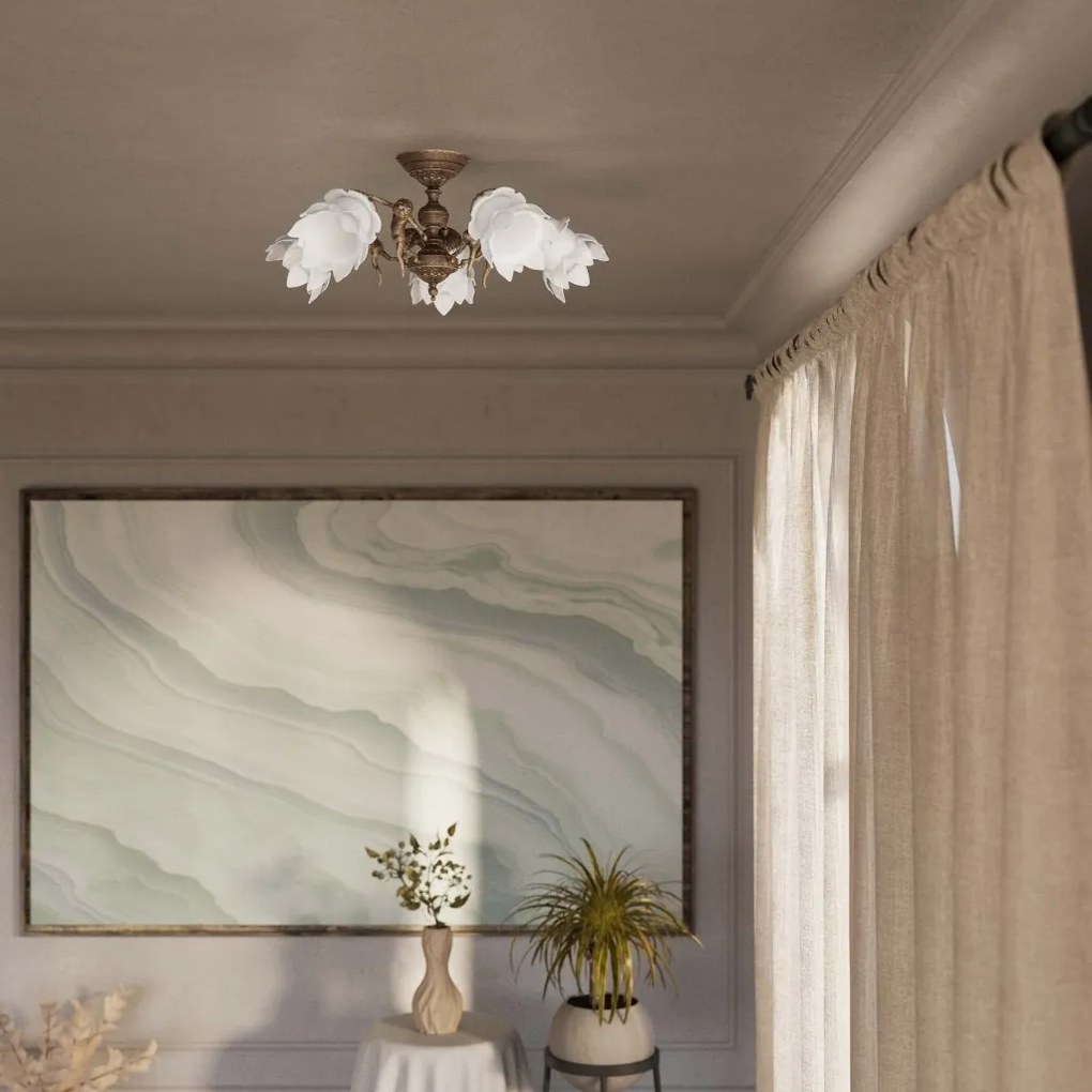 Lustra 5 brate din alama cu abajur din sticla Putti