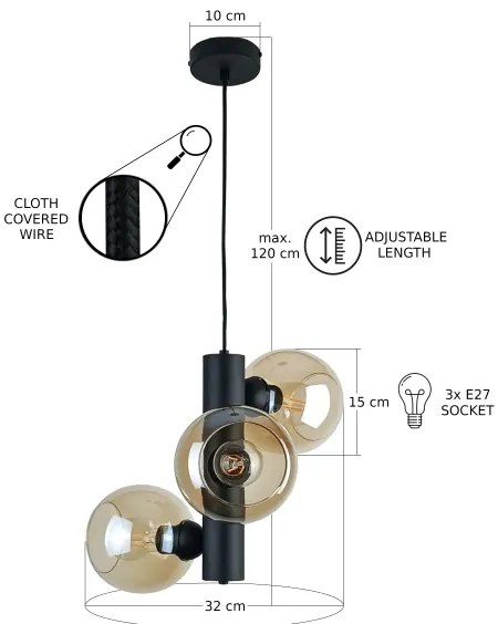 Lustră pe cablu TUBE 3xE27/60W/230V negru/bej fumuriu