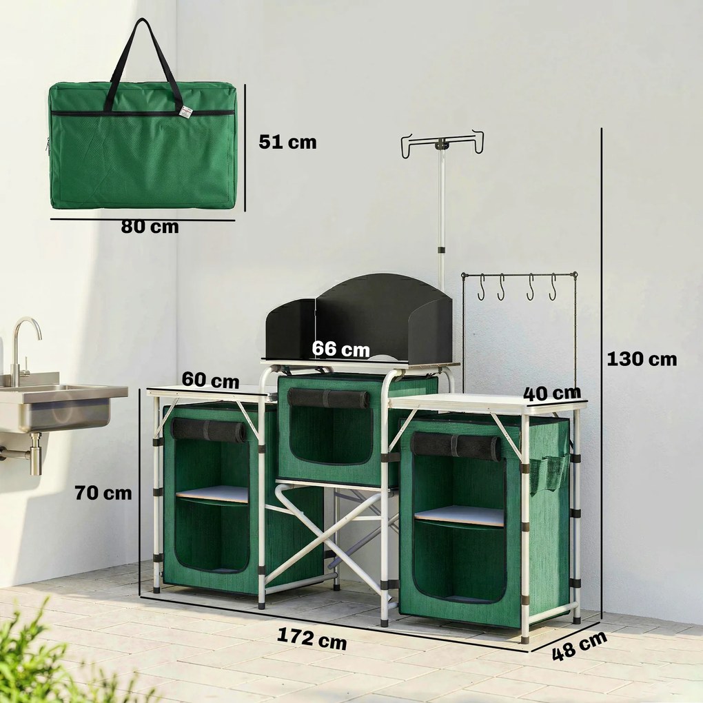 Outsunny Mobilier de Bucătărie pentru Camping Pliabil cu 3 Blaturi, 4 Cârlige, Stâlp de Lumină și Husă de Transport 172x48x119 cm Verde | Aosom Romania