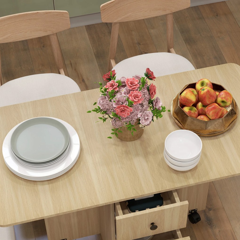 HOMCOM Masă de Bucătărie Pliabilă, Masă Rabatabilă cu Roți și Frâne pentru 6 Persoane, Birou Pliabil cu 2 Sertare și Dulap, pentru Living, 120x60x76.5 cm, Lemn Natural | Aosom Romania